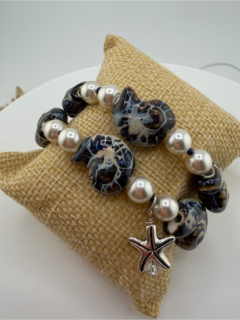 Handcrafted Pearl & Seashell Charm Bracelet - Cream and Navy Bigger Wrists 💋